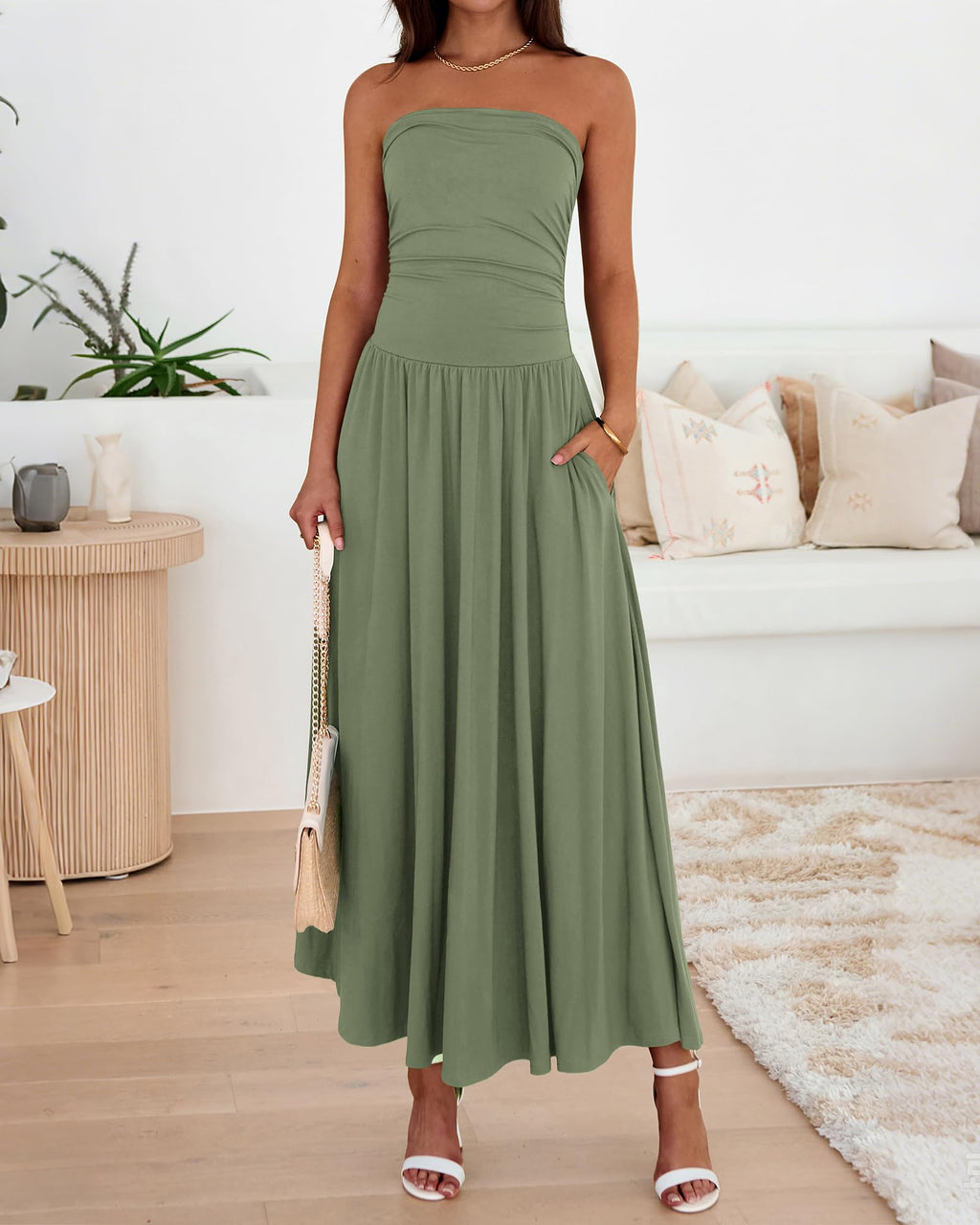 BTFBM Summer Maxi Dresses for Women Strapless Ruched Tube Top Beach Vacation Spring Wedding Guest Dress Pockets