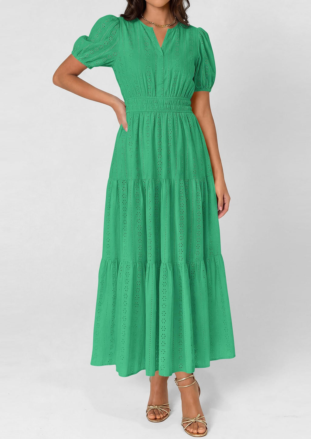 PRETTYGARDEN Womens Summer Maxi Dresses Casual Puff Sleeve V Neck Smocked Flowy Eyelet Cotton Dress Spring Sundress