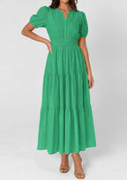 PRETTYGARDEN Womens Summer Maxi Dresses Casual Puff Sleeve V Neck Smocked Flowy Eyelet Cotton Dress Spring Sundress