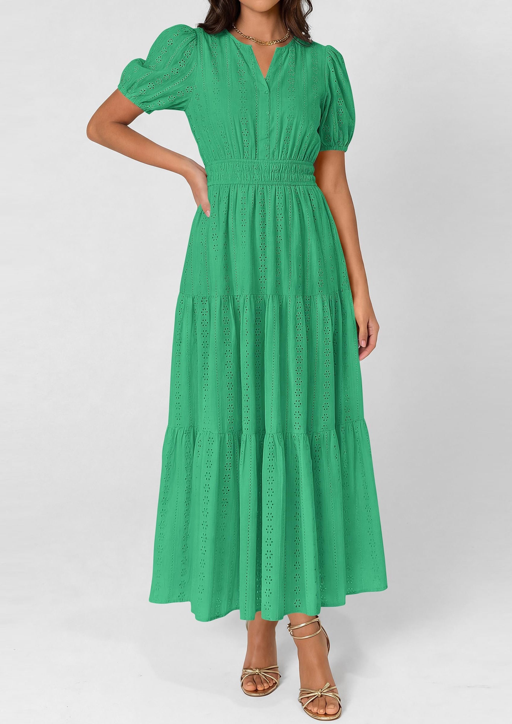 PRETTYGARDEN Womens Summer Maxi Dresses Casual Puff Sleeve V Neck Smocked Flowy Eyelet Cotton Dress Spring Sundress