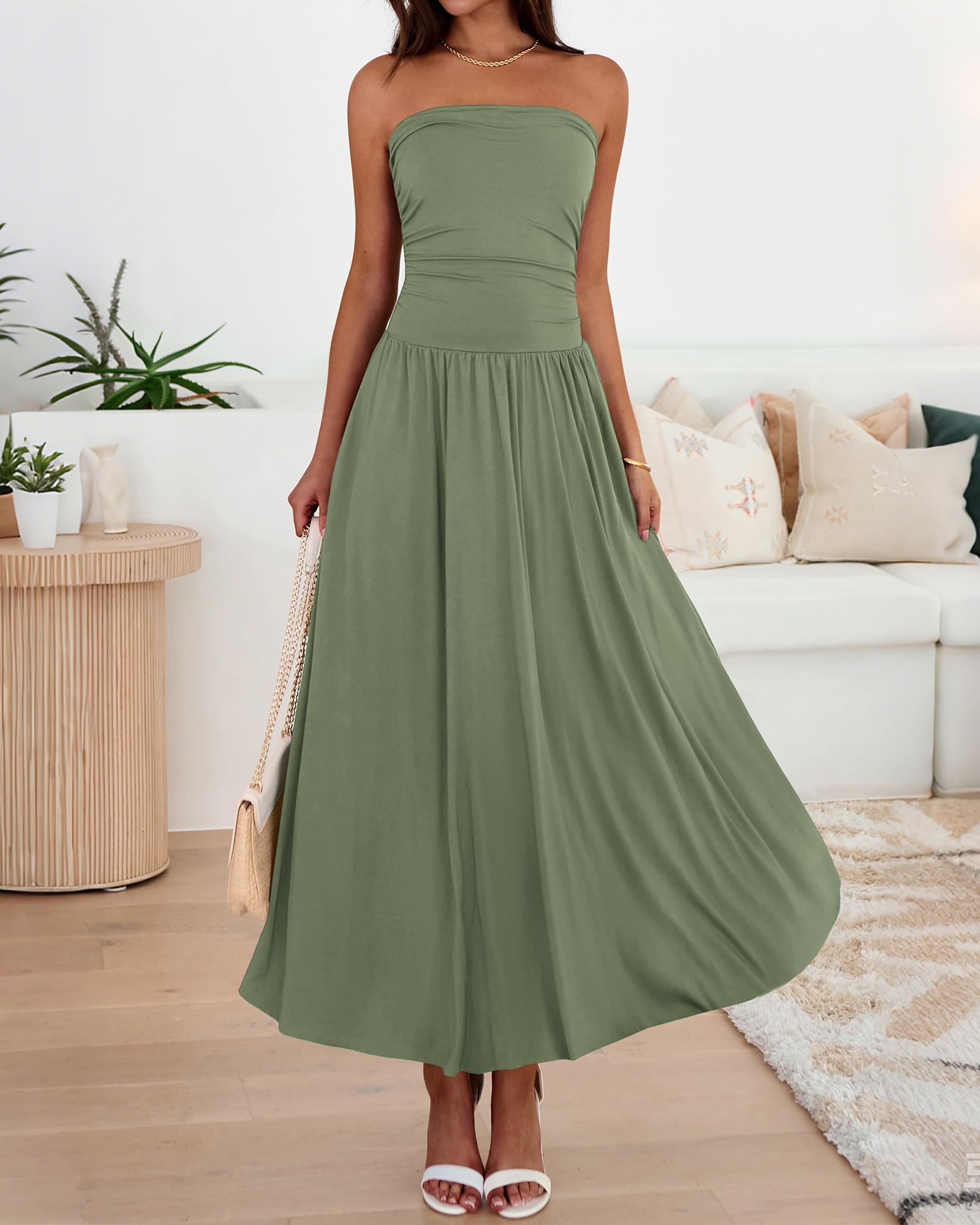 BTFBM Summer Maxi Dresses for Women Strapless Ruched Tube Top Beach Vacation Spring Wedding Guest Dress Pockets