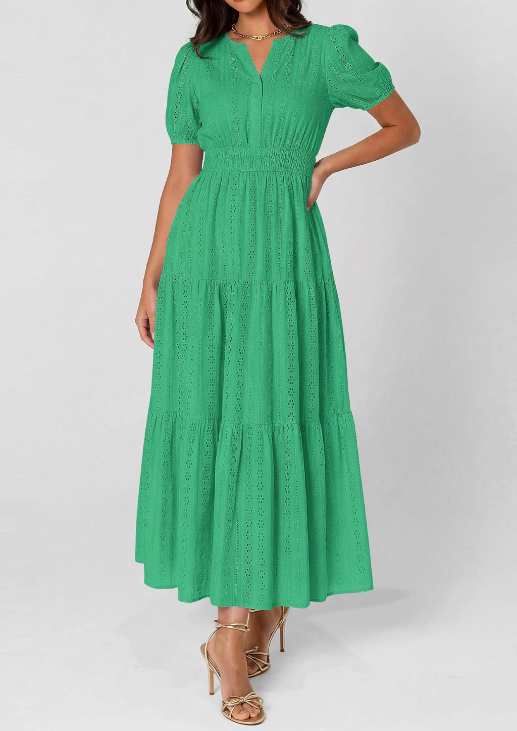 PRETTYGARDEN Womens Summer Maxi Dresses Casual Puff Sleeve V Neck Smocked Flowy Eyelet Cotton Dress Spring Sundress