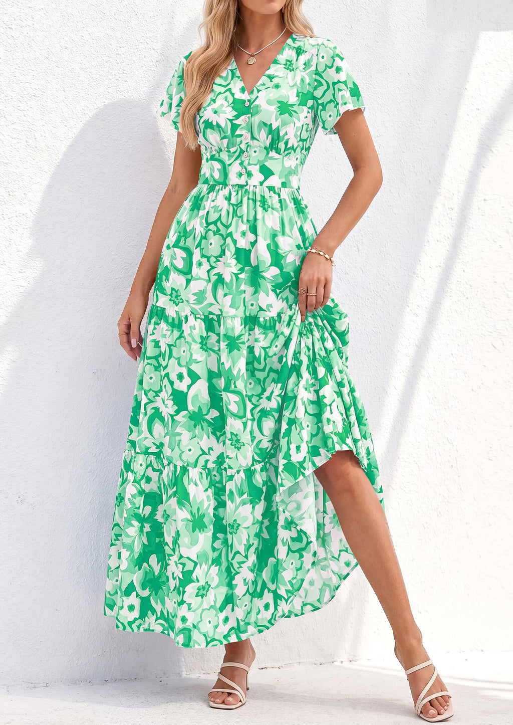 PRETTYGARDEN Women Summer Maxi Dresses Short Sleeve V Neck Button Floral Tiered Flowy Boho Sundress Beach Outfits