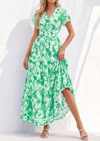 PRETTYGARDEN Women Summer Maxi Dresses Short Sleeve V Neck Button Floral Tiered Flowy Boho Sundress Beach Outfits