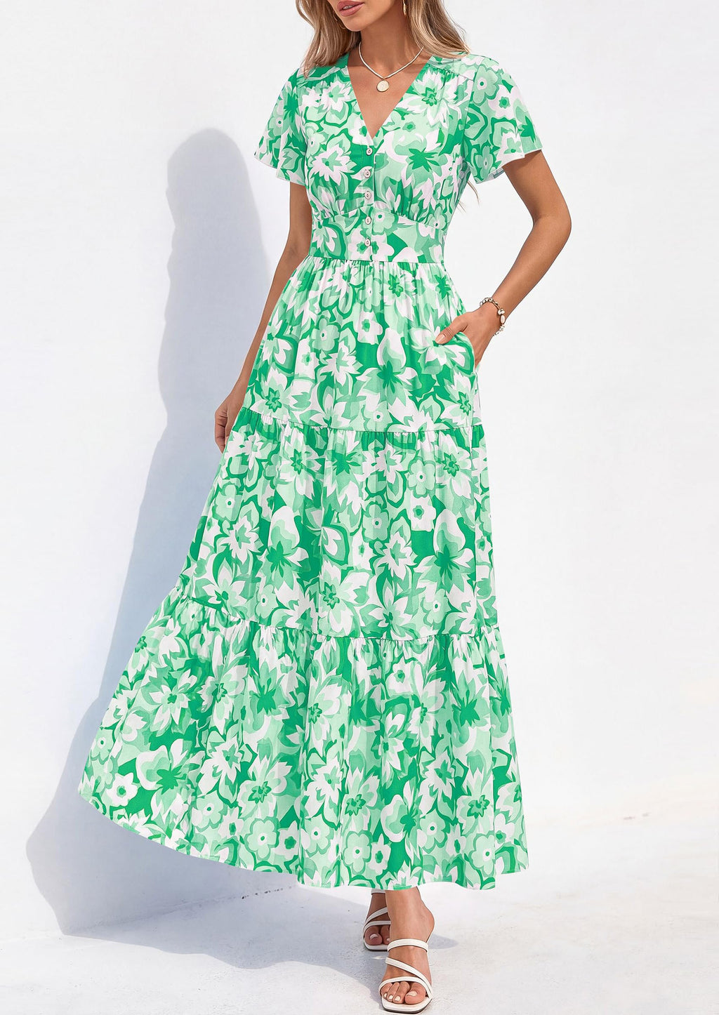 PRETTYGARDEN Women Summer Maxi Dresses Short Sleeve V Neck Button Floral Tiered Flowy Boho Sundress Beach Outfits