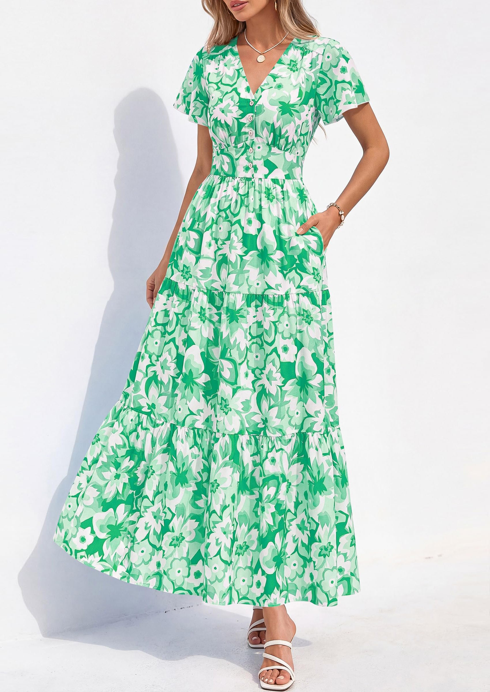 PRETTYGARDEN Women Summer Maxi Dresses Short Sleeve V Neck Button Floral Tiered Flowy Boho Sundress Beach Outfits