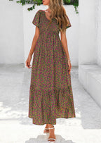PRETTYGARDEN Women Floral Boho Maxi Dresses Short Sleeve V Neck Smocked A Line Long Flowy Beach Vacation Dress