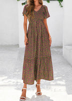 PRETTYGARDEN Women Floral Boho Maxi Dresses Short Sleeve V Neck Smocked A Line Long Flowy Beach Vacation Dress