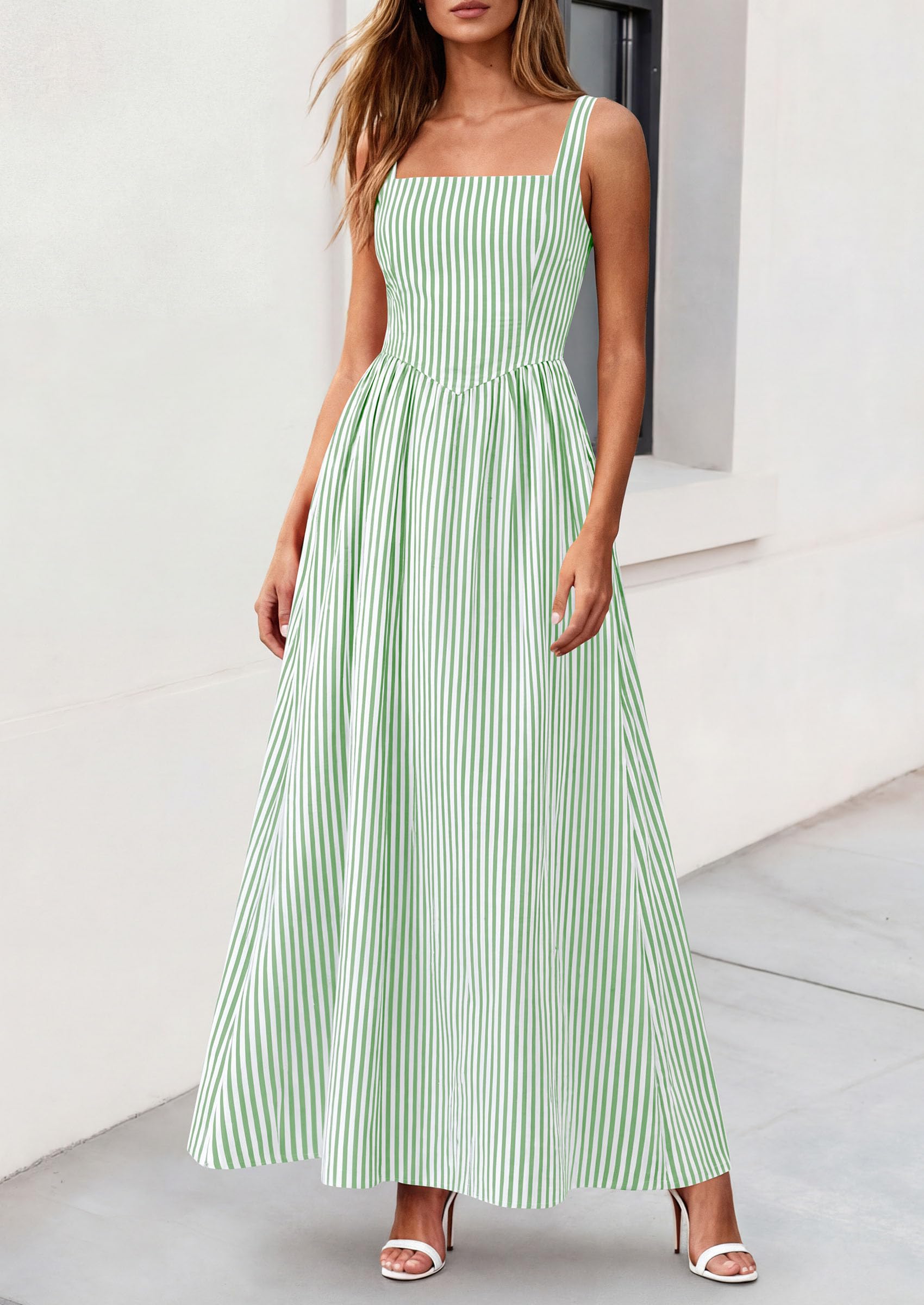 PRETTYGARDEN Women's Maxi Striped Dress Summer Sleeveless Square Neck Smocked A Line Long Flowy Spring Vacation Sundress