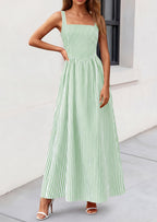 PRETTYGARDEN Women's Maxi Striped Dress Summer Sleeveless Square Neck Smocked A Line Long Flowy Spring Vacation Sundress