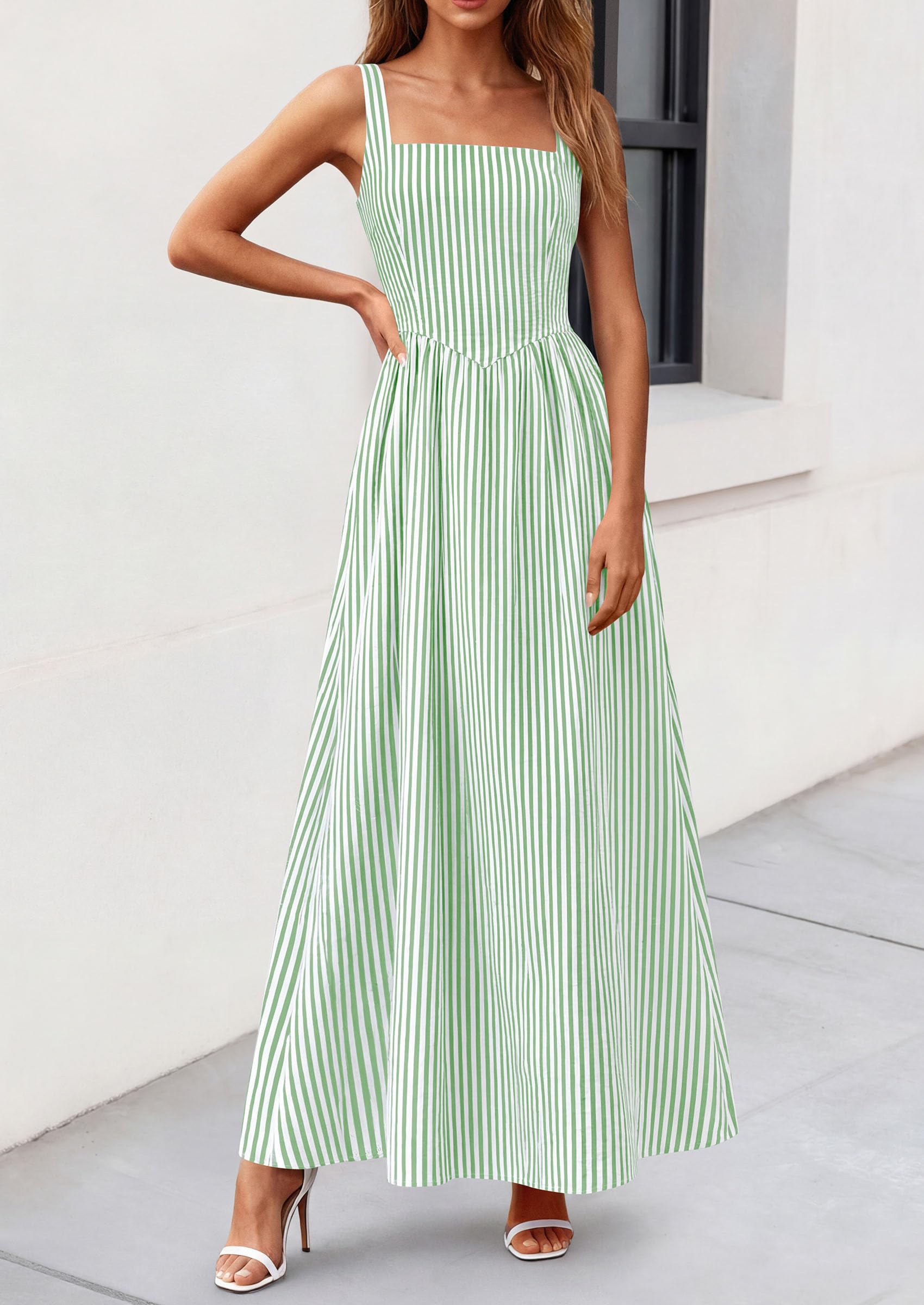 PRETTYGARDEN Women's Maxi Striped Dress Summer Sleeveless Square Neck Smocked A Line Long Flowy Spring Vacation Sundress