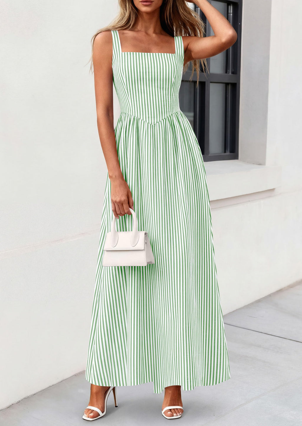 PRETTYGARDEN Women's Maxi Striped Dress Summer Sleeveless Square Neck Smocked A Line Long Flowy Spring Vacation Sundress