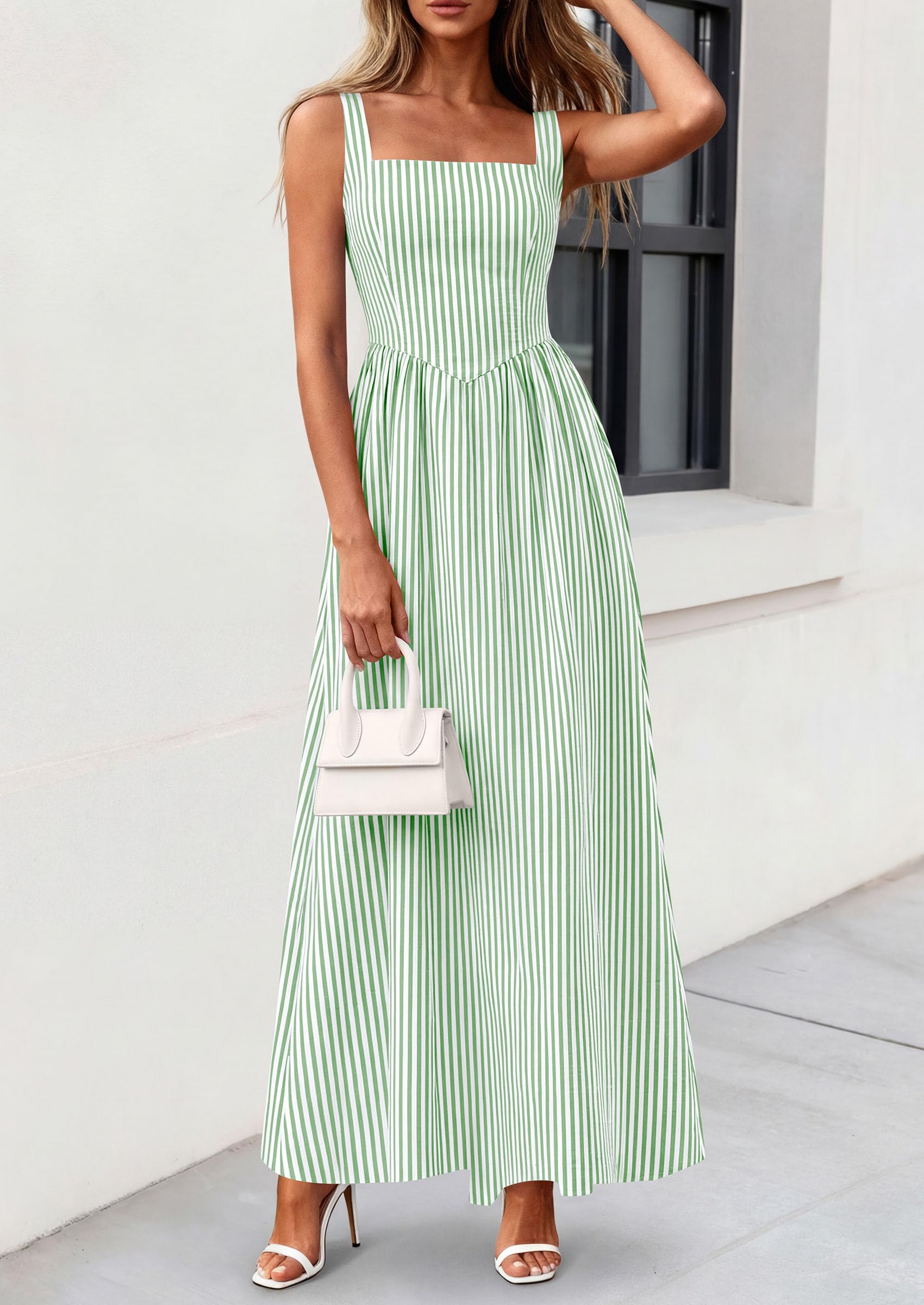PRETTYGARDEN Women's Maxi Striped Dress Summer Sleeveless Square Neck Smocked A Line Long Flowy Spring Vacation Sundress