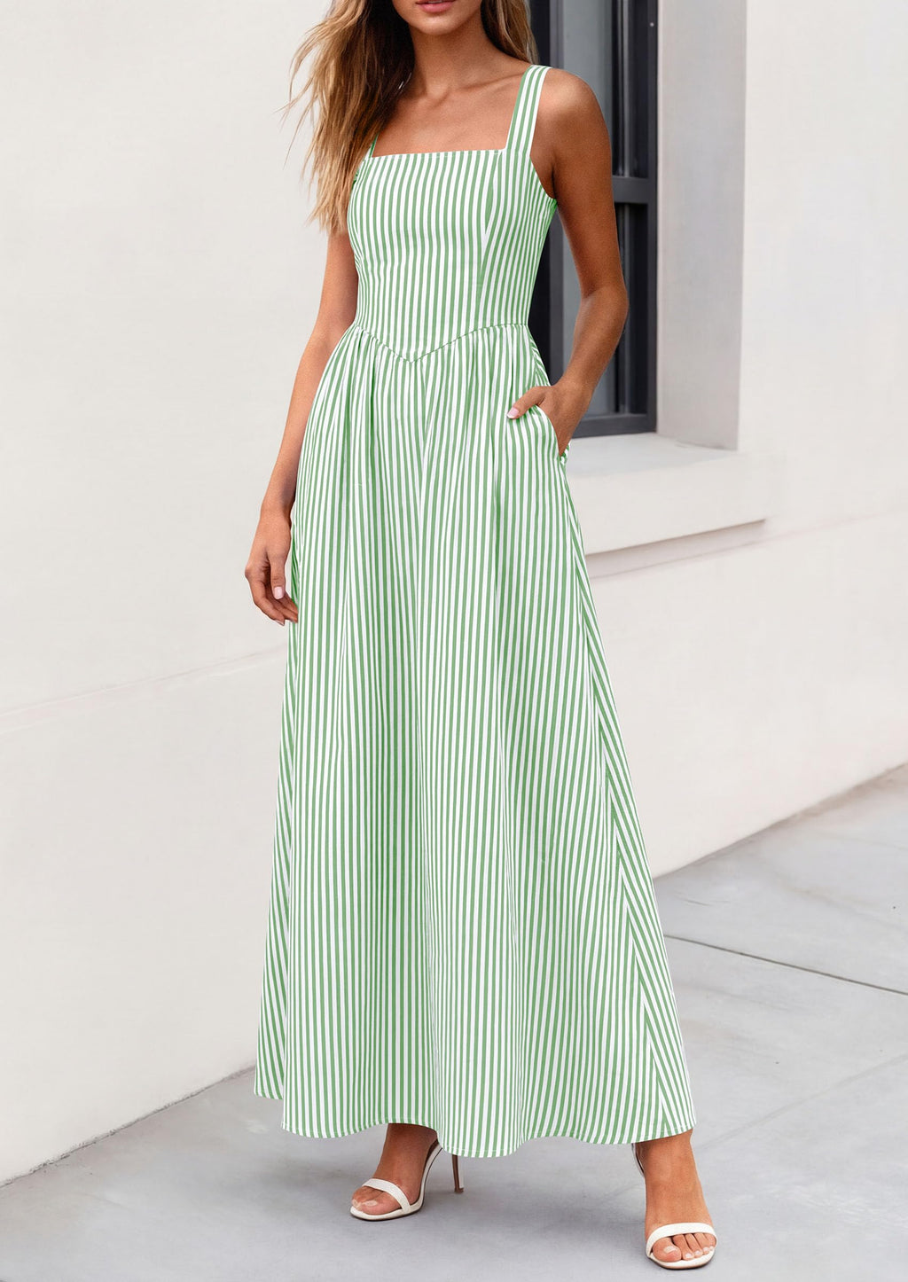 PRETTYGARDEN Women's Maxi Striped Dress Summer Sleeveless Square Neck Smocked A Line Long Flowy Spring Vacation Sundress