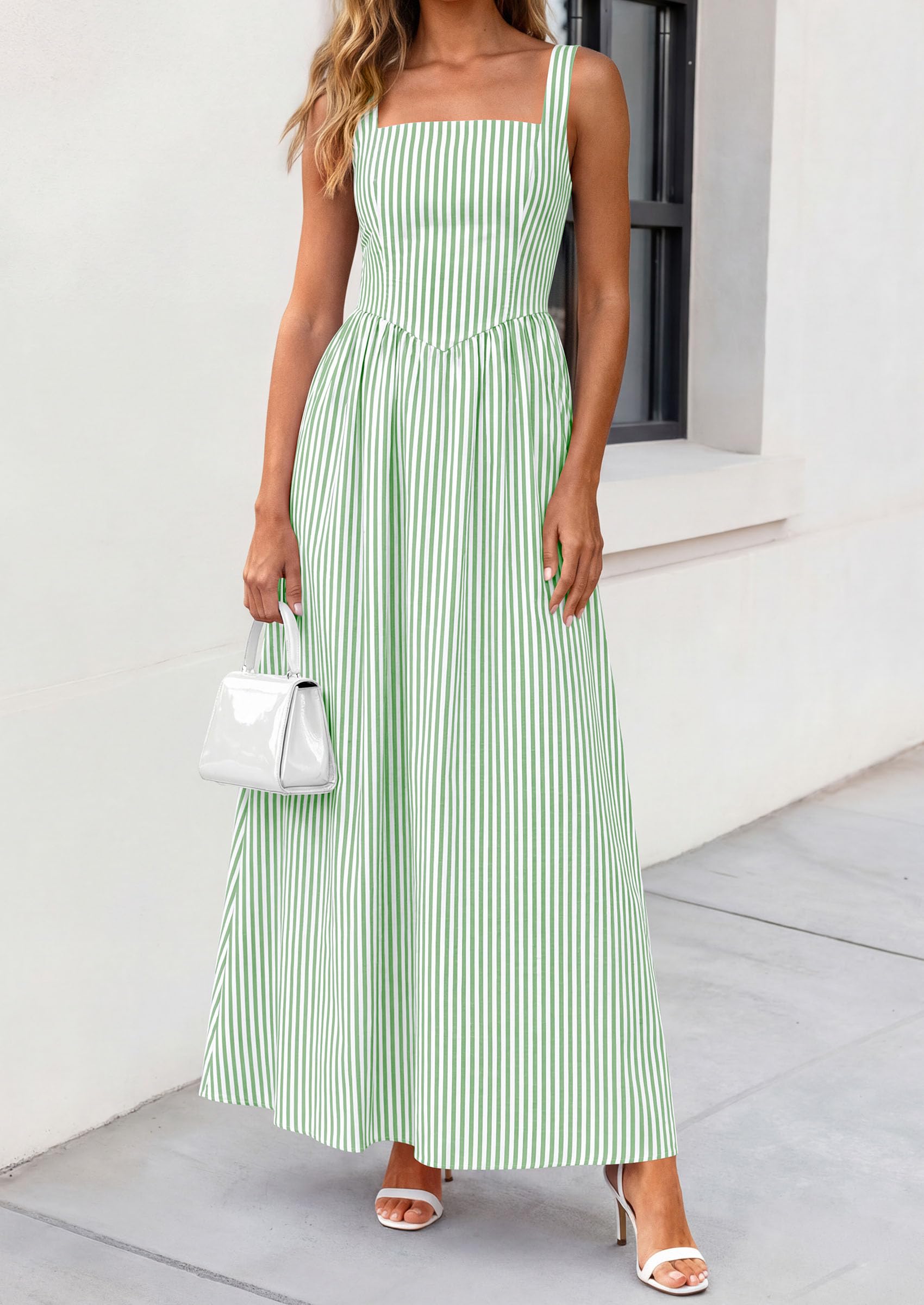 PRETTYGARDEN Women's Maxi Striped Dress Summer Sleeveless Square Neck Smocked A Line Long Flowy Spring Vacation Sundress