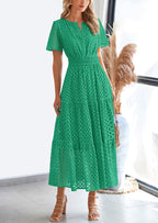 PRETTYGARDEN Womens Maxi Dress Short Sleeve V Neck Hollow Out Eyelet A Line Long Flowy Beach Vacation Dresses