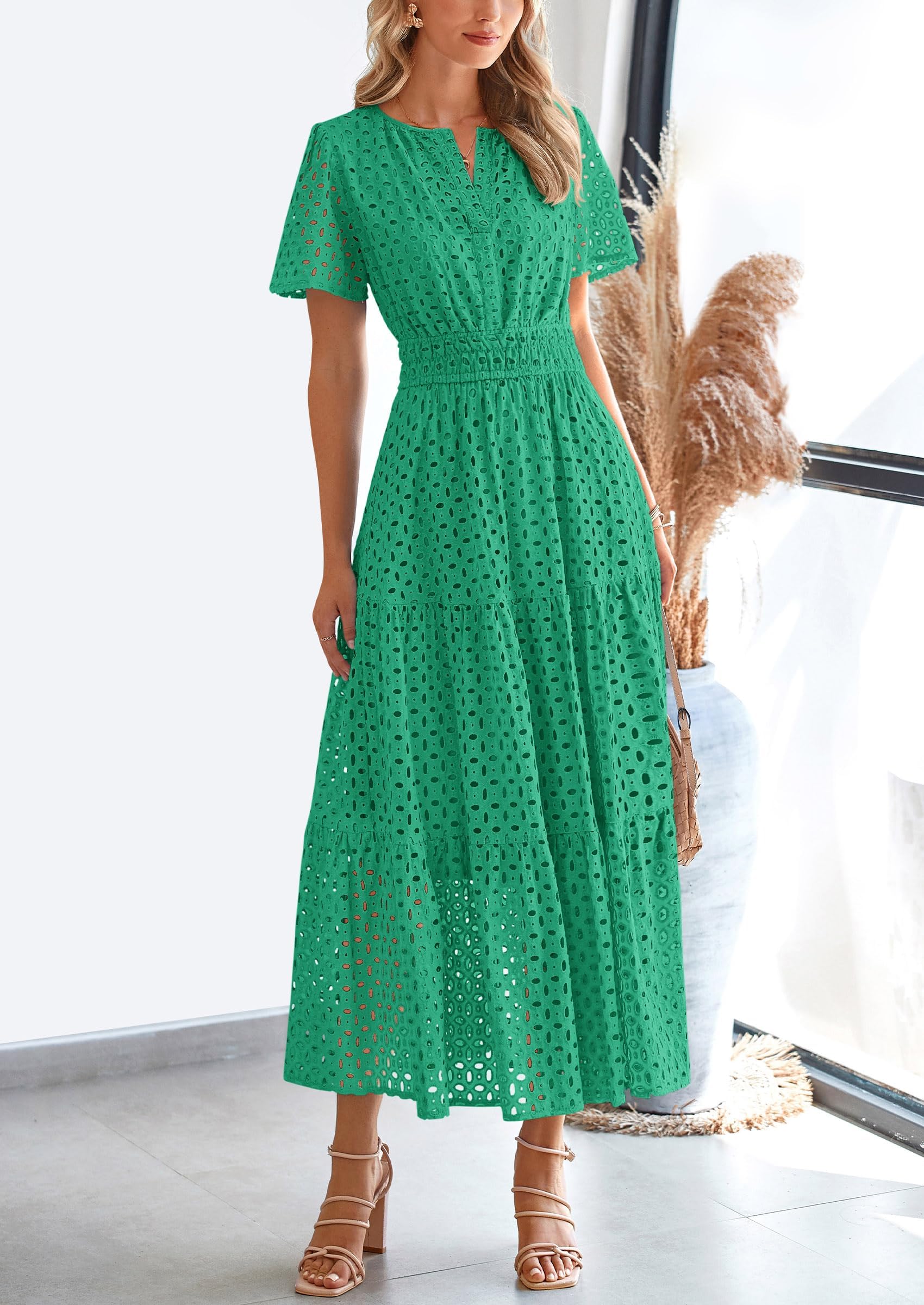 PRETTYGARDEN Womens Maxi Dress Short Sleeve V Neck Hollow Out Eyelet A Line Long Flowy Beach Vacation Dresses