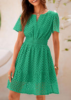 PRETTYGARDEN Women Summer Short Dress V Neck Short Sleeve A Line Hollow Out Lace Ruffle Cute Casual Beach Party Dresses