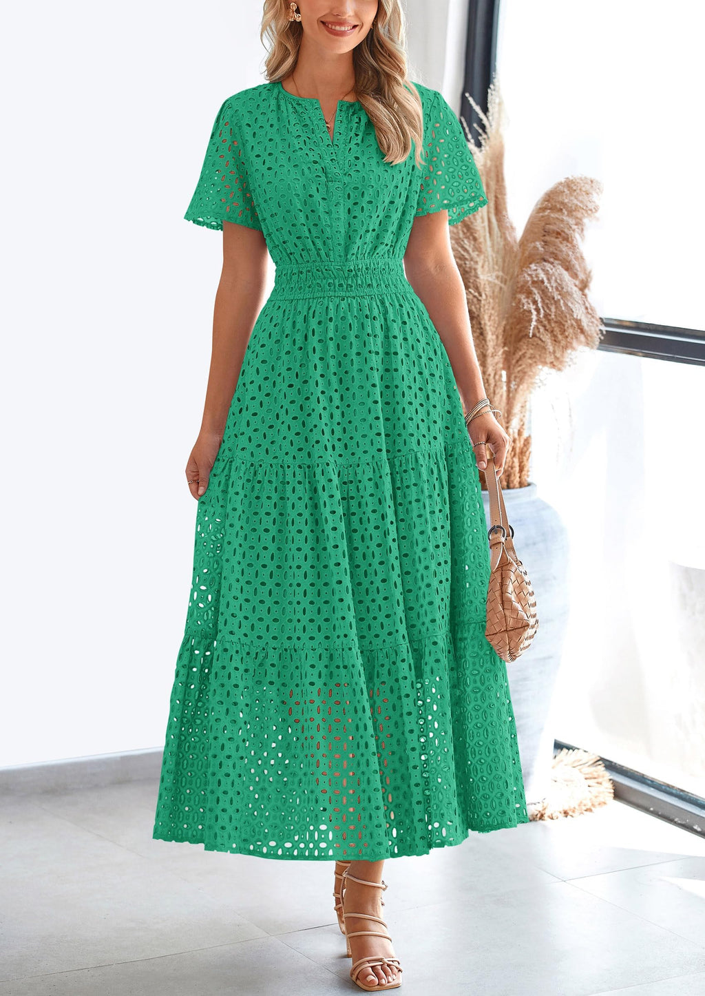 PRETTYGARDEN Womens Maxi Dress Short Sleeve V Neck Hollow Out Eyelet A Line Long Flowy Beach Vacation Dresses