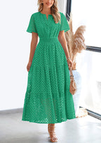 PRETTYGARDEN Womens Maxi Dress Short Sleeve V Neck Hollow Out Eyelet A Line Long Flowy Beach Vacation Dresses
