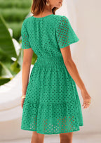 PRETTYGARDEN Women Summer Short Dress V Neck Short Sleeve A Line Hollow Out Lace Ruffle Cute Casual Beach Party Dresses