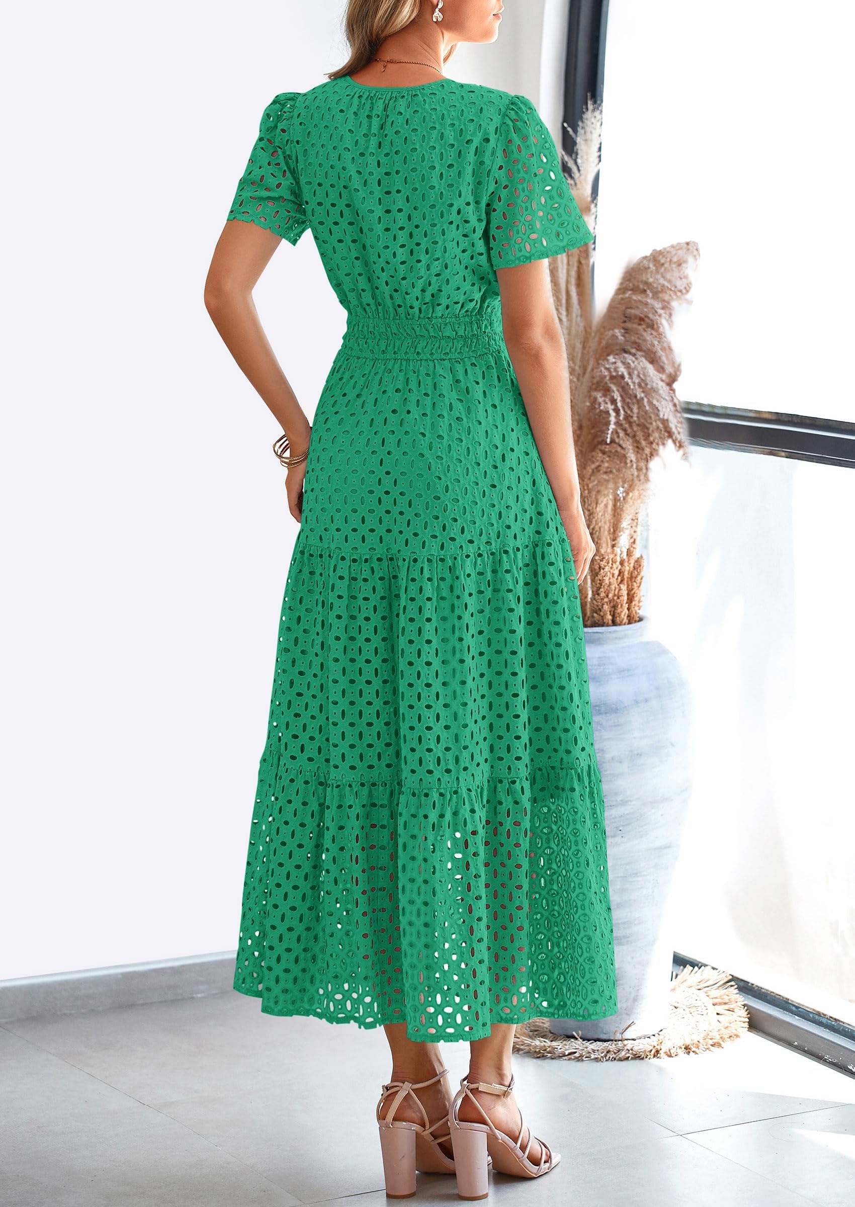 PRETTYGARDEN Womens Maxi Dress Short Sleeve V Neck Hollow Out Eyelet A Line Long Flowy Beach Vacation Dresses