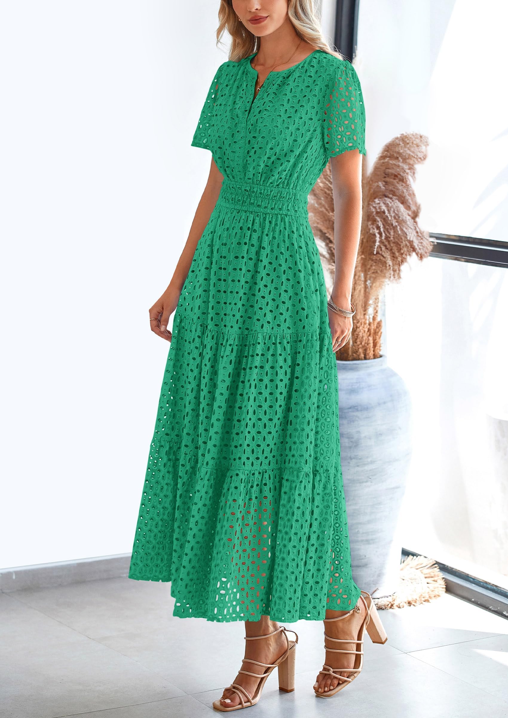 PRETTYGARDEN Womens Maxi Dress Short Sleeve V Neck Hollow Out Eyelet A Line Long Flowy Beach Vacation Dresses