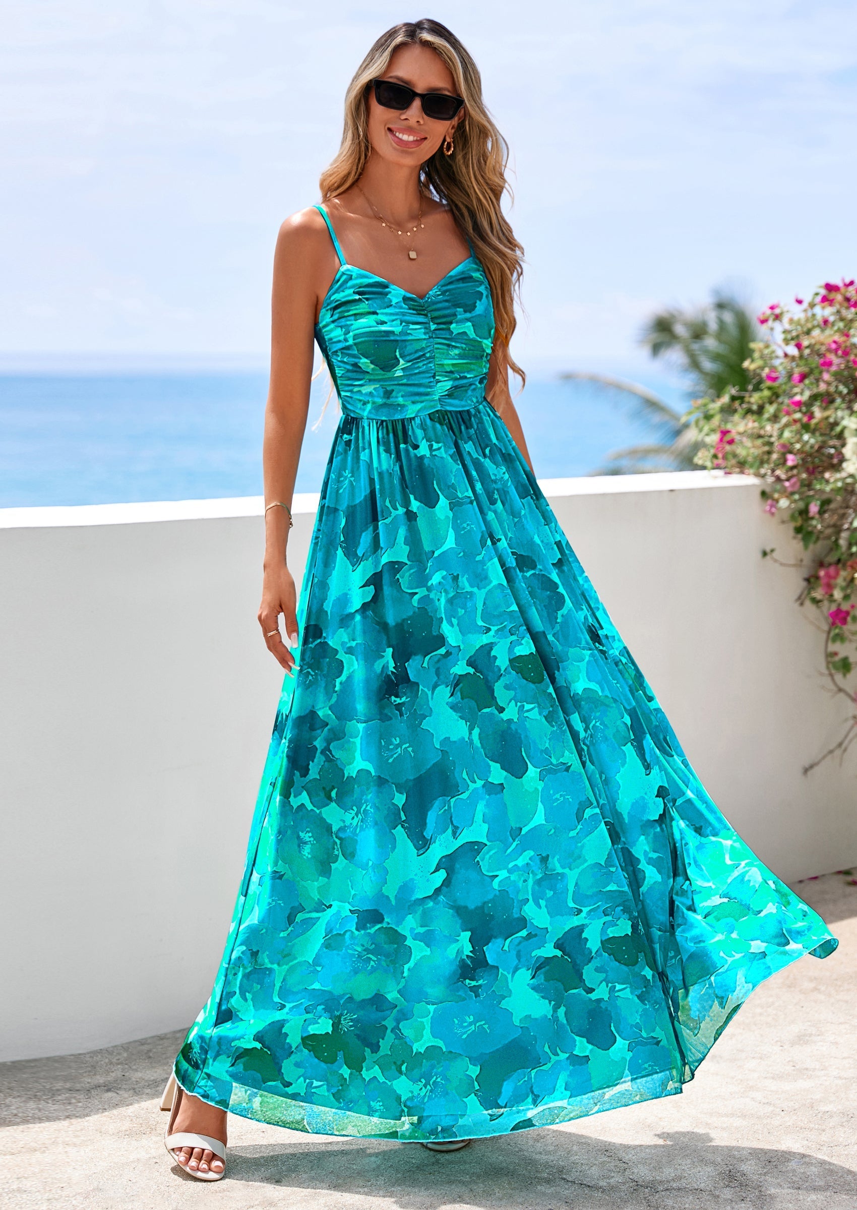 PRETTYGARDEN Women's Floral Maxi Dress Summer Outfits Spaghetti Strap Flowy Long Sundress Beach Vacation Boho Dresses