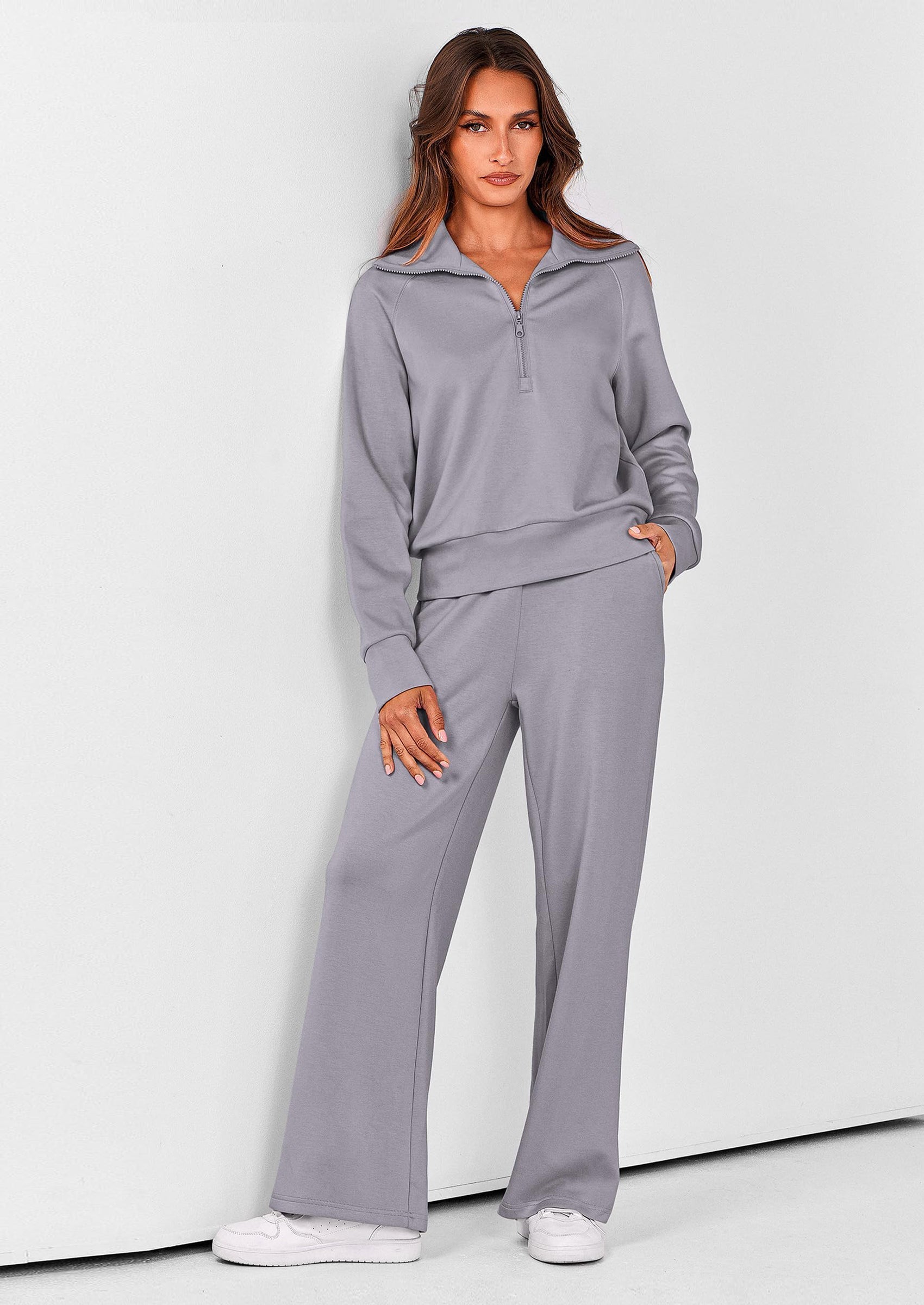 PRETTYGARDEN Women's 2 Piece Outfits Casual Lapel Half Zip Sweatshirts And Wide Leg Pants Tracksuit Sets