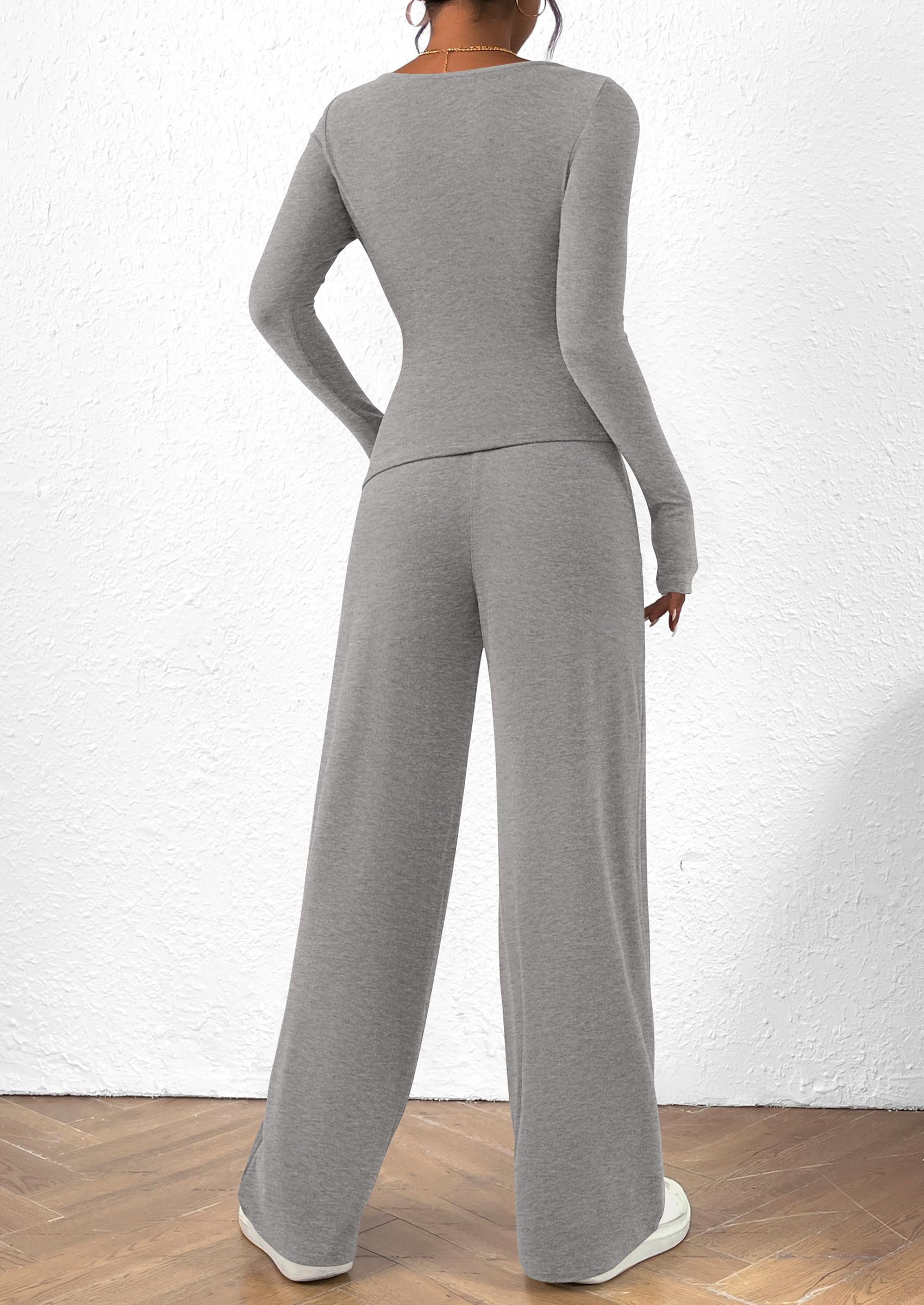 PRETTYGARDEN Women's 2 Piece Lounge Sets Asymmetrical Long Sleeve T Shirt Wide Leg Pants Casual Outfits Tracksuit