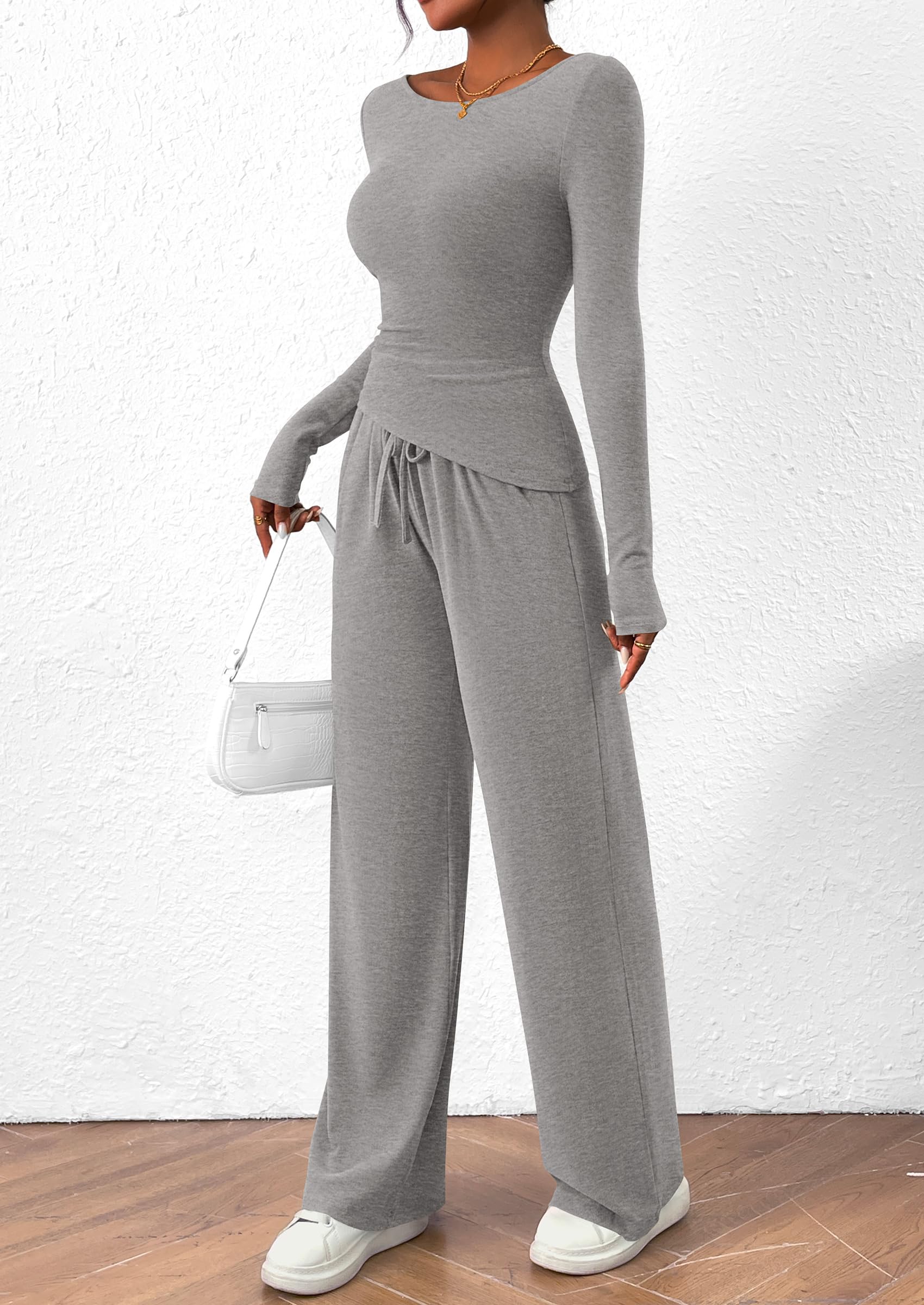 PRETTYGARDEN Women's 2 Piece Lounge Sets Asymmetrical Long Sleeve T Shirt Wide Leg Pants Casual Outfits Tracksuit