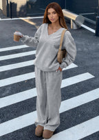 PRETTYGARDEN Casual Winter Two Piece Sets for Women V Neck Sweatshirt Loose Wide Leg Pants Tracksuit Knit Fall Outfits