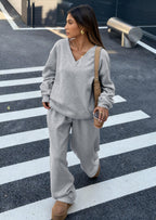 PRETTYGARDEN Casual Winter Two Piece Sets for Women V Neck Sweatshirt Loose Wide Leg Pants Tracksuit Knit Fall Outfits