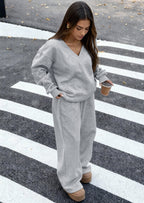 PRETTYGARDEN Casual Winter Two Piece Sets for Women V Neck Sweatshirt Loose Wide Leg Pants Tracksuit Knit Fall Outfits