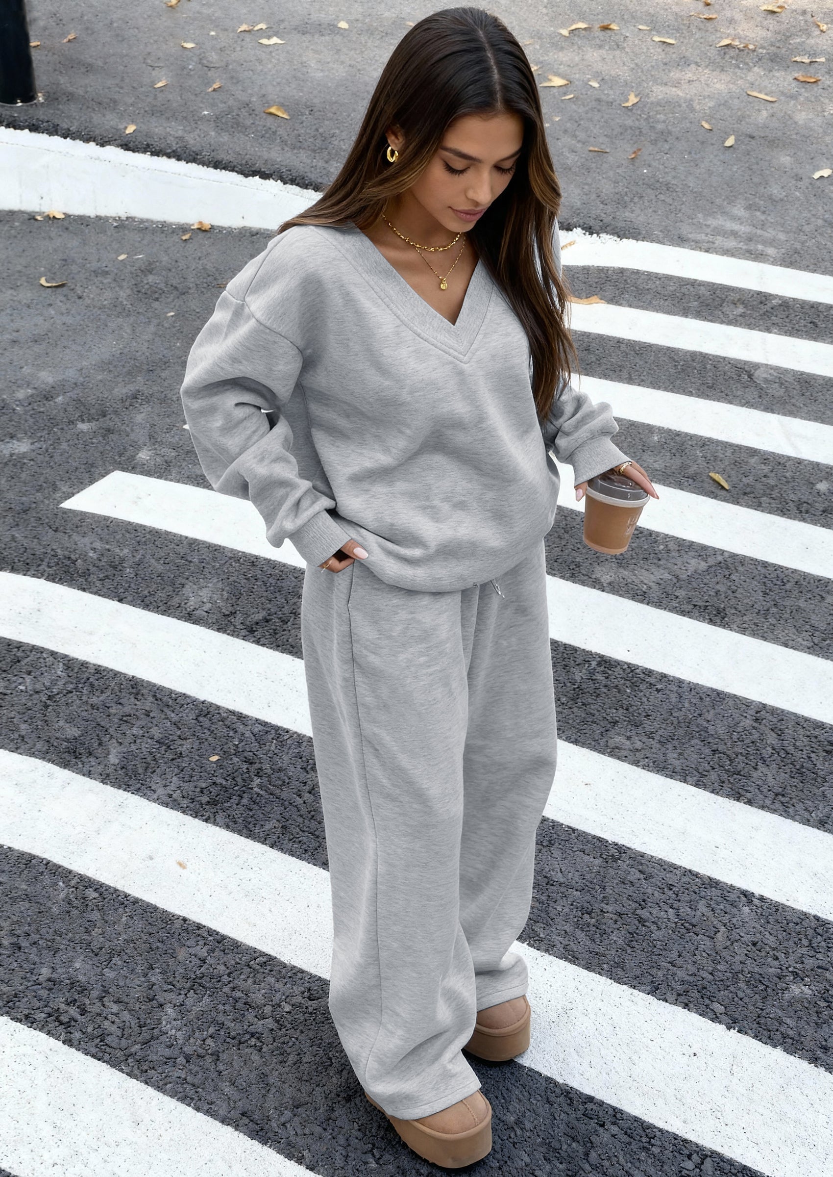 PRETTYGARDEN Casual Winter Two Piece Sets for Women V Neck Sweatshirt Loose Wide Leg Pants Tracksuit Knit Fall Outfits