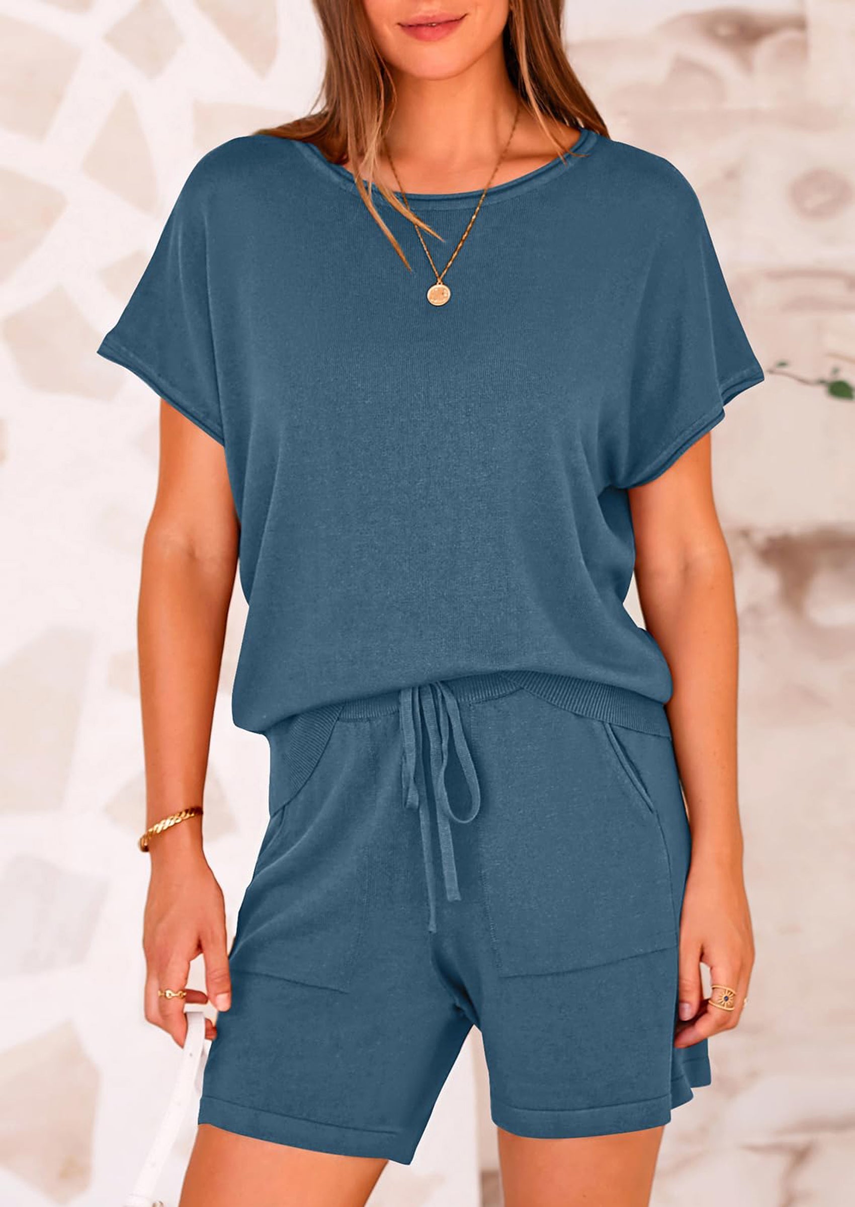 PRETTYGARDEN Two Piece Set for Women Summer Lounge Sets Shorts And Short Sleeve Tops Knitted Matching Travel Spring Outfits