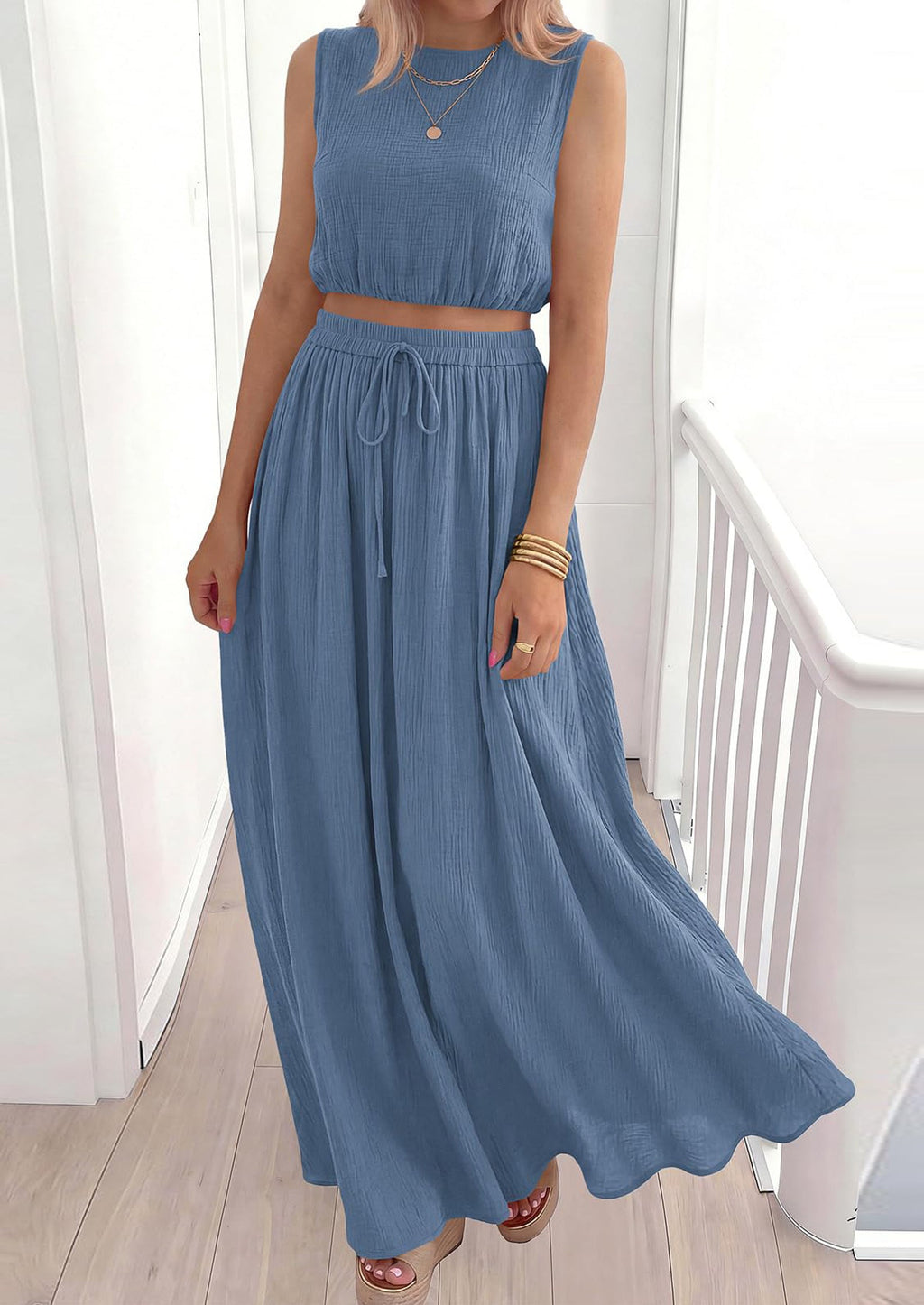PRETTYGARDEN 2 Piece Sets for Women Summer Outfits Fashion Cotton Sleeveless Crop Top Long Maxi Skirt Set with Pockets