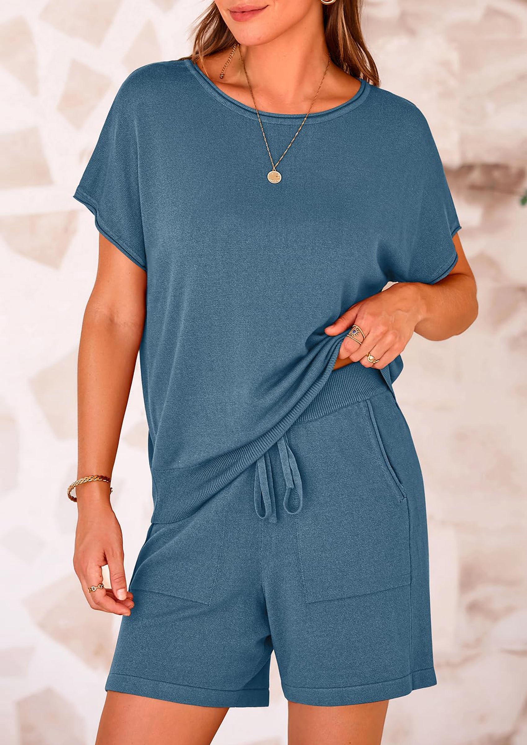 PRETTYGARDEN Two Piece Set for Women Summer Lounge Sets Shorts And Short Sleeve Tops Knitted Matching Travel Spring Outfits