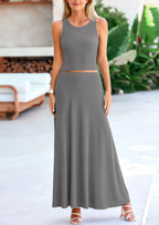 PRETTYGARDEN 2 Piece Maxi Skirt Sets Casual Knit Cropped Tank Top High Waisted Long Skirts Outfit
