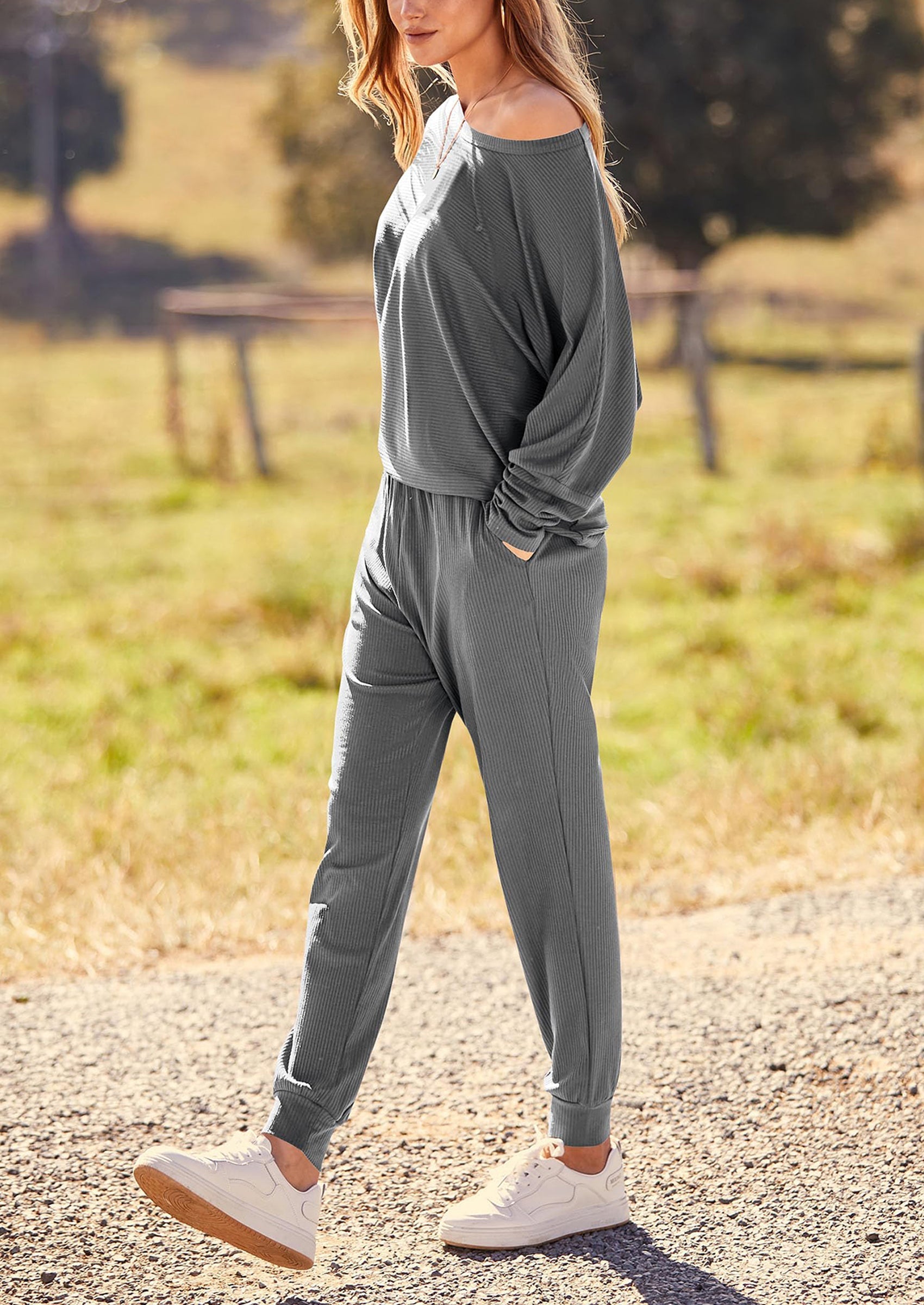 PRETTYGARDEN Women's Fall 2 Piece Lounge Set Long Sleeve Tops Ribbed Pants Spring Matching Sweatsuit Travel Outfits Clothes