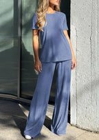 PRETTYGARDEN Summer Lounge Sets for Women 2 Piece Short Sleeve Crewneck Cute Tops and Wide Leg Pants with Pockets Pj Set