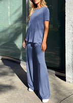 PRETTYGARDEN Summer Lounge Sets for Women 2 Piece Short Sleeve Crewneck Cute Tops and Wide Leg Pants with Pockets Pj Set