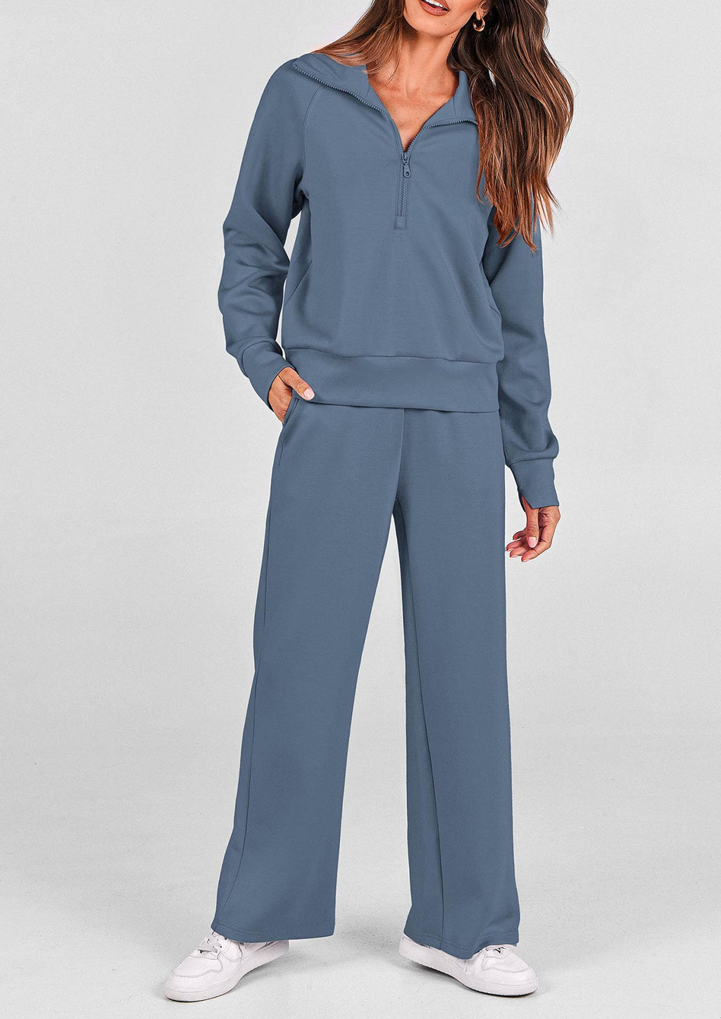 PRETTYGARDEN Women's 2 Piece Outfits Casual Lapel Half Zip Sweatshirts And Wide Leg Pants Tracksuit Sets