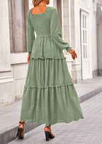 PRETTYGARDEN Women Fall Long Sleeve Smocked Maxi Dress Casual Square Neck Swiss Dot Tiered Ruffle Flowy Spring Pocket Dresses