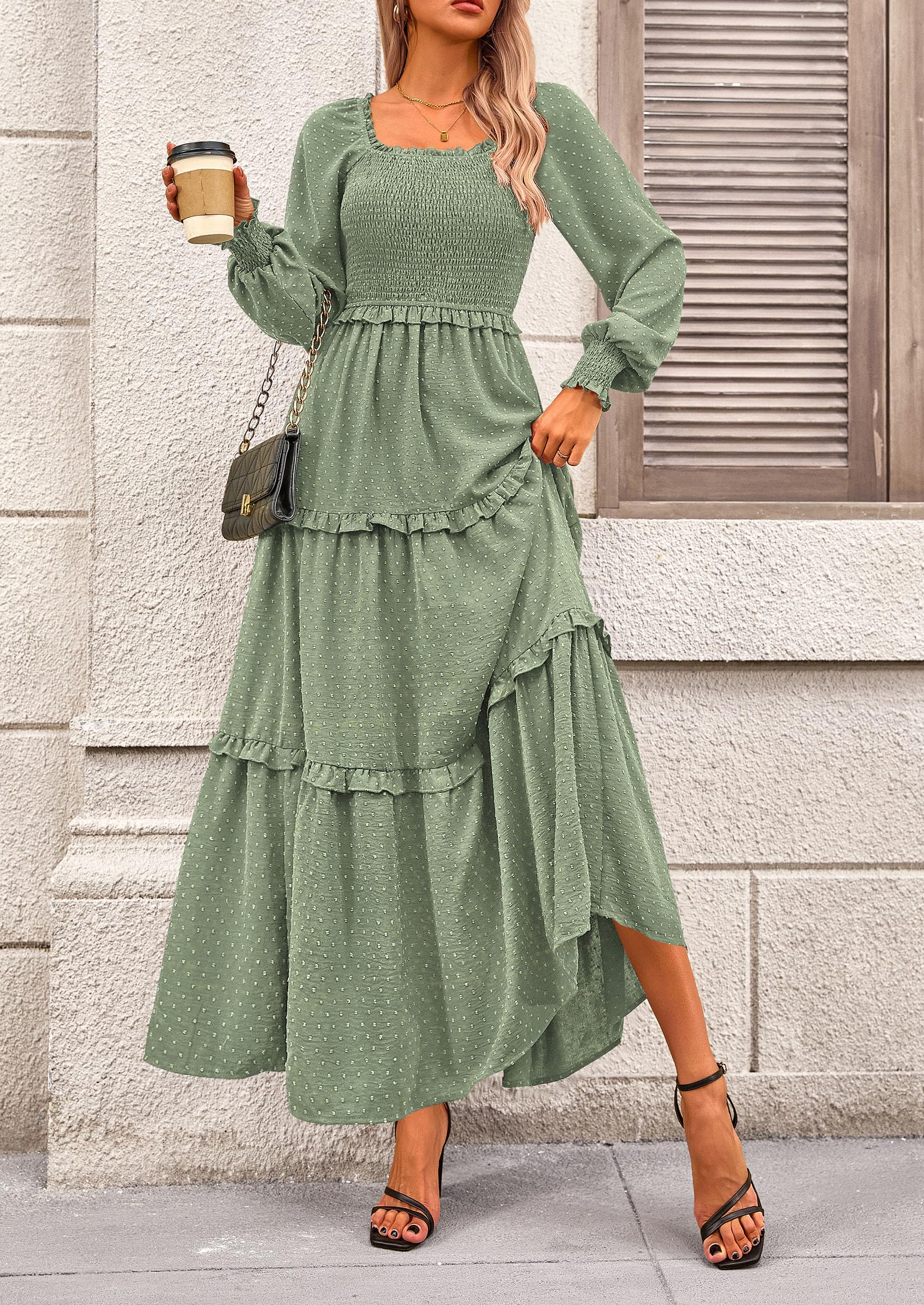 PRETTYGARDEN Women Fall Long Sleeve Smocked Maxi Dress Casual Square Neck Swiss Dot Tiered Ruffle Flowy Spring Pocket Dresses