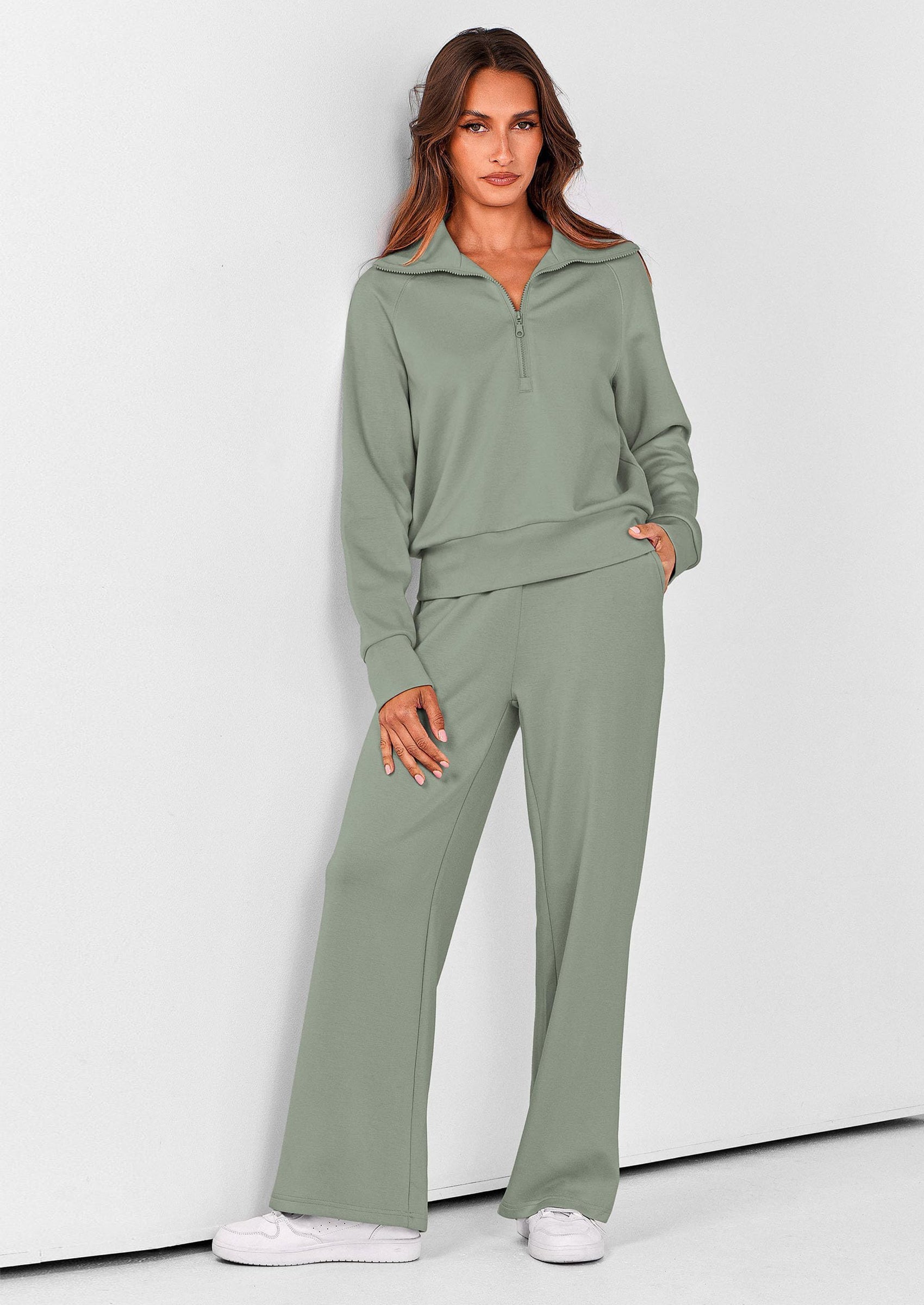 PRETTYGARDEN Women's 2 Piece Outfits Casual Lapel Half Zip Sweatshirts And Wide Leg Pants Tracksuit Sets