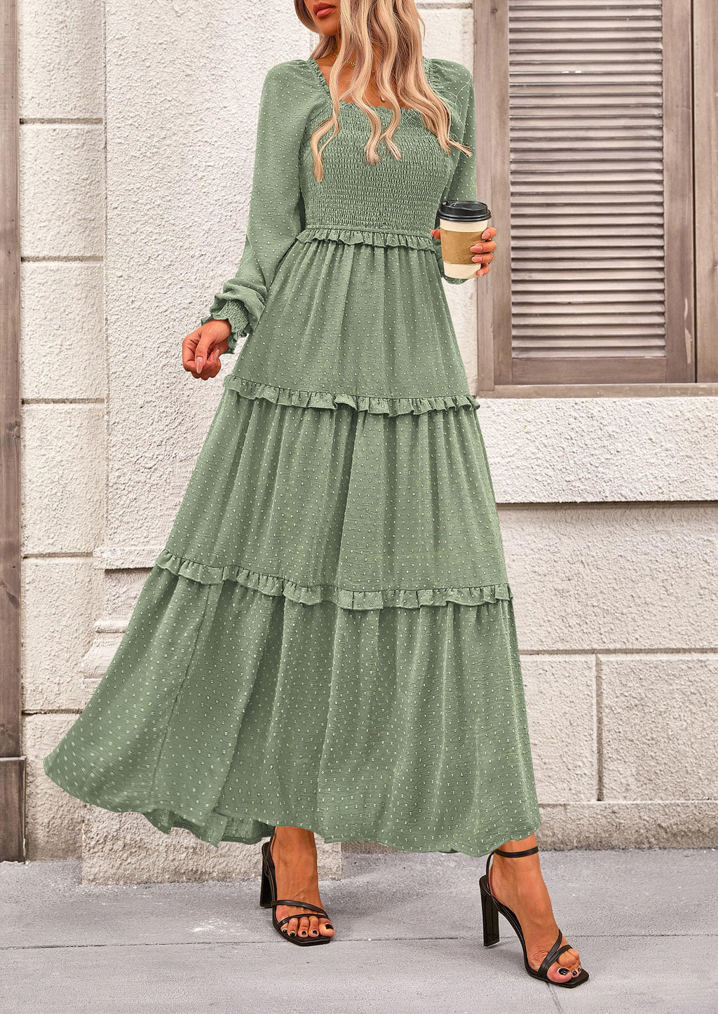 PRETTYGARDEN Women Fall Long Sleeve Smocked Maxi Dress Casual Square Neck Swiss Dot Tiered Ruffle Flowy Spring Pocket Dresses