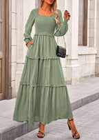 PRETTYGARDEN Women Fall Long Sleeve Smocked Maxi Dress Casual Square Neck Swiss Dot Tiered Ruffle Flowy Spring Pocket Dresses