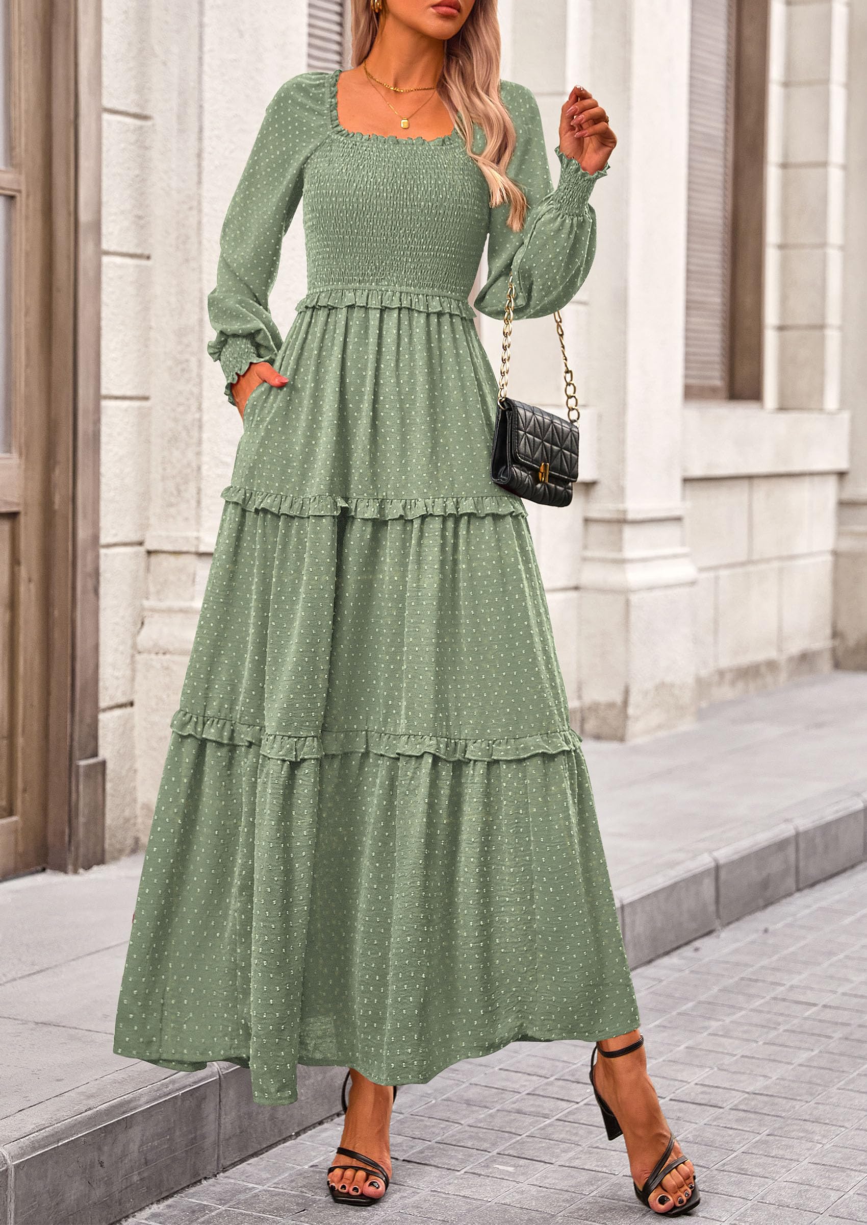 PRETTYGARDEN Women Fall Long Sleeve Smocked Maxi Dress Casual Square Neck Swiss Dot Tiered Ruffle Flowy Spring Pocket Dresses