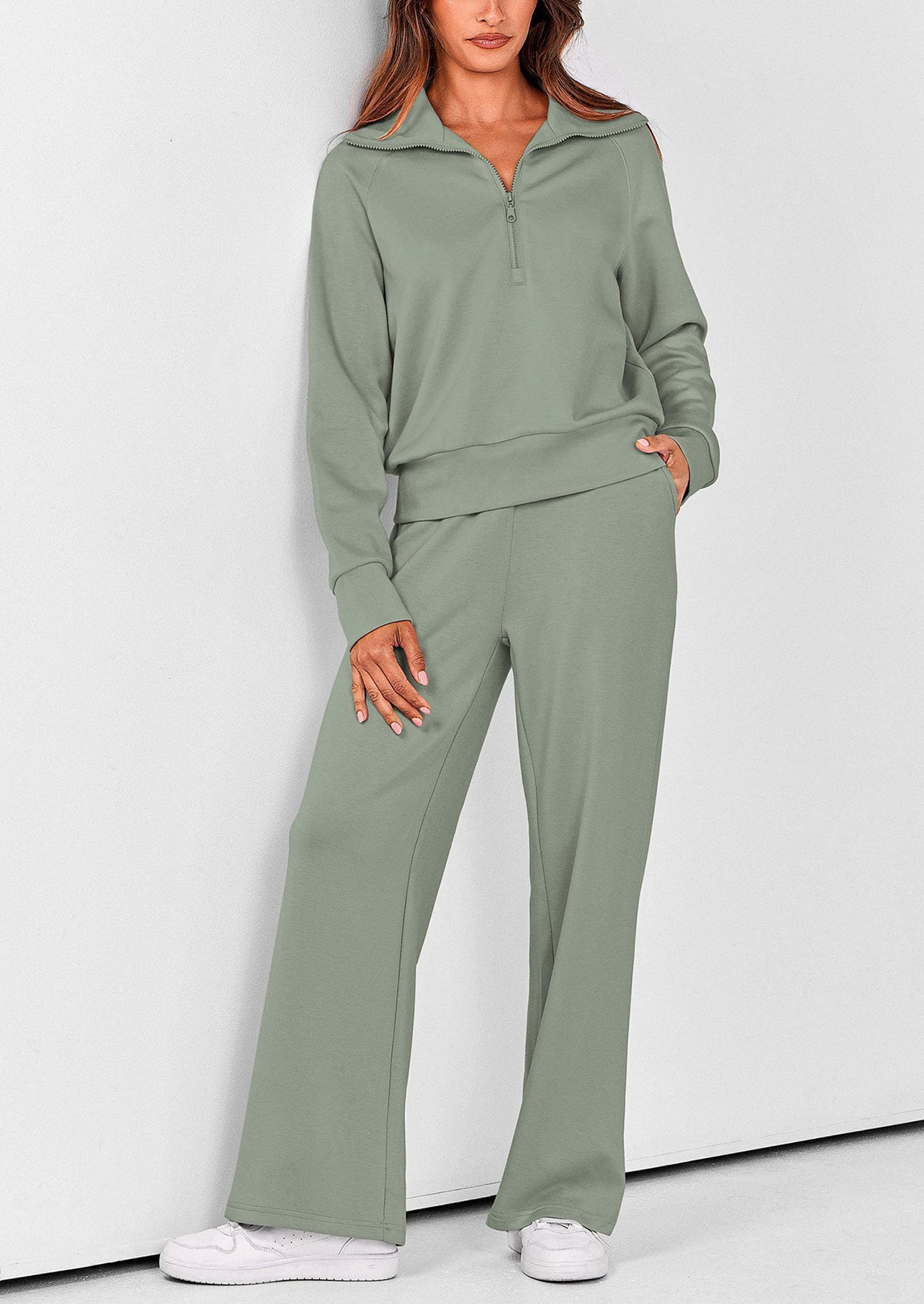 PRETTYGARDEN Women's 2 Piece Outfits Casual Lapel Half Zip Sweatshirts And Wide Leg Pants Tracksuit Sets